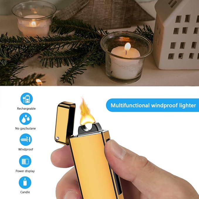 Electric Lighter Rechargeable, Windproof Arc Lighter USB Plasma Lighters with Visual Battery, Cool Vintage Lighters Custom Design, Zinc Alloy Body for Outdoor Camping Candle Gift（Gold）