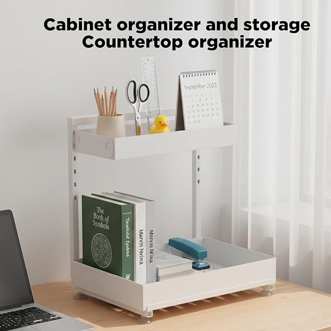 Under Sink Organizer, Bathroom Counter Organizer, 2 Pack 2 Tier L-Shape White, Adjustable Height Carbon Steel, Under Cabinet Storage with Pull Out Drawer, Use for Kitchen Bathroom Office Shop Laundry