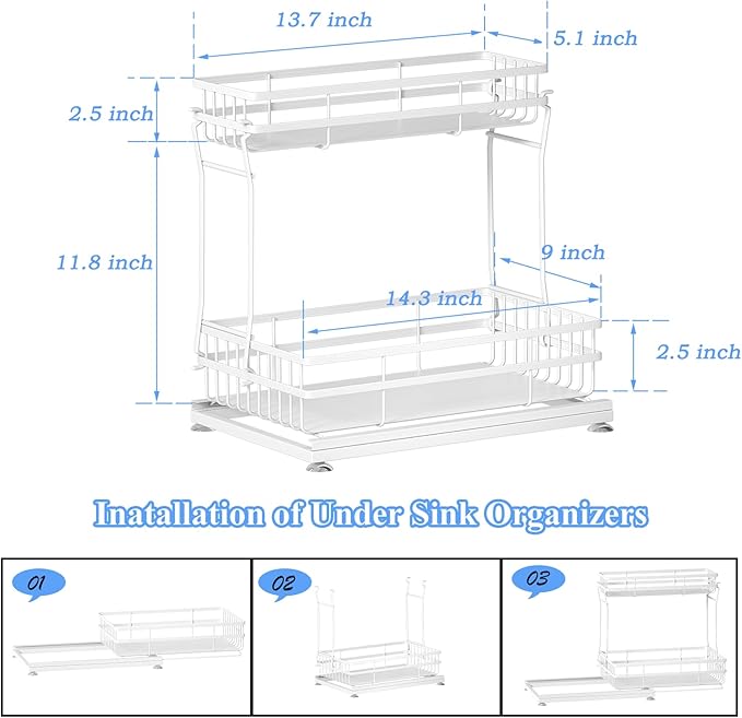 2 Pack Under Sink Organizers and Storage, 2 Tier Pull Out Cabinet Organizer, Metal Sliding Drawer Storage for Kitchen Bathroom, White