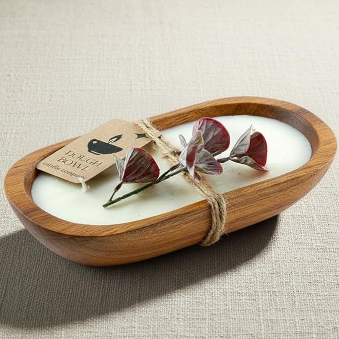 Dough Bowl Candle Co. Eucalyptus Soy Candle - 3 Wick Rustic Farmhouse Decor Odor Eliminator in Wooden Bowls, 20 Oz Wooden Dough Bowl Candle, All-Natural Gifts for Women and Men, Coffee Table Decor