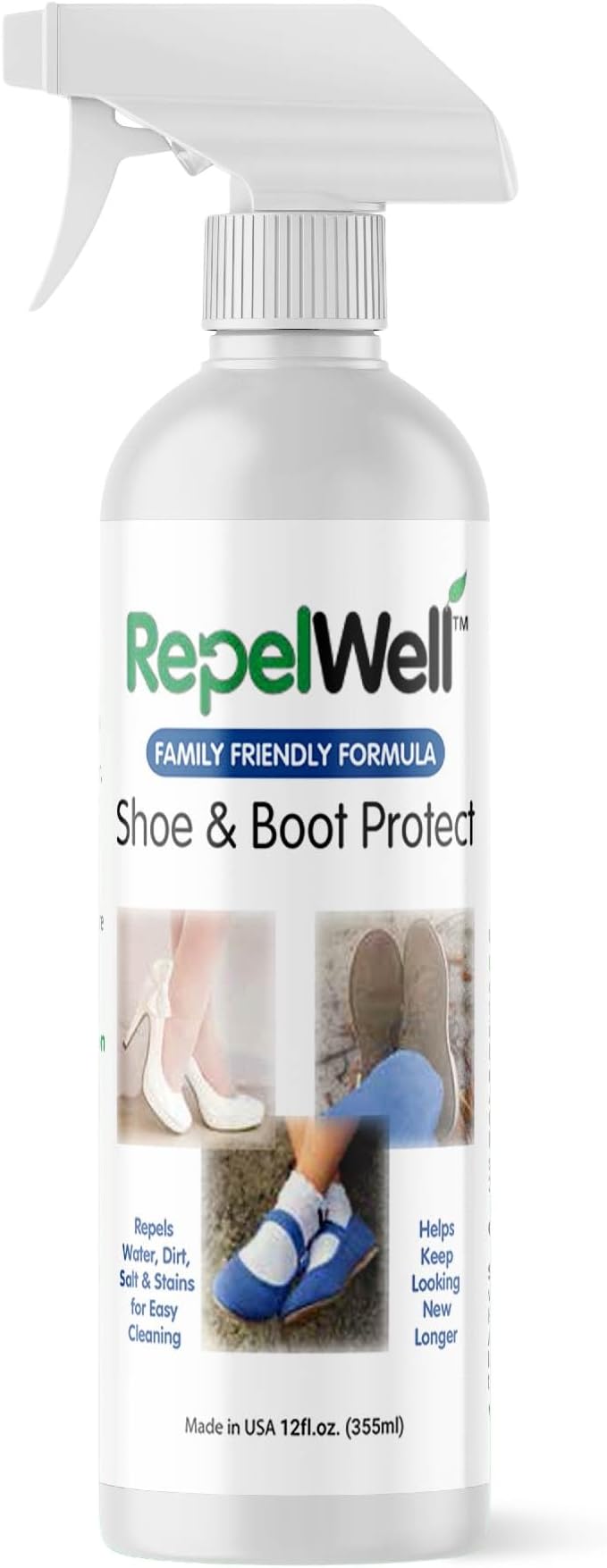 RepelWell Shoe & Boot Stain & Water Repellent (12oz) Eco-Friendly, Pet-Safe Spray Keeps Fabric, Leather & Suede Clean & Dry