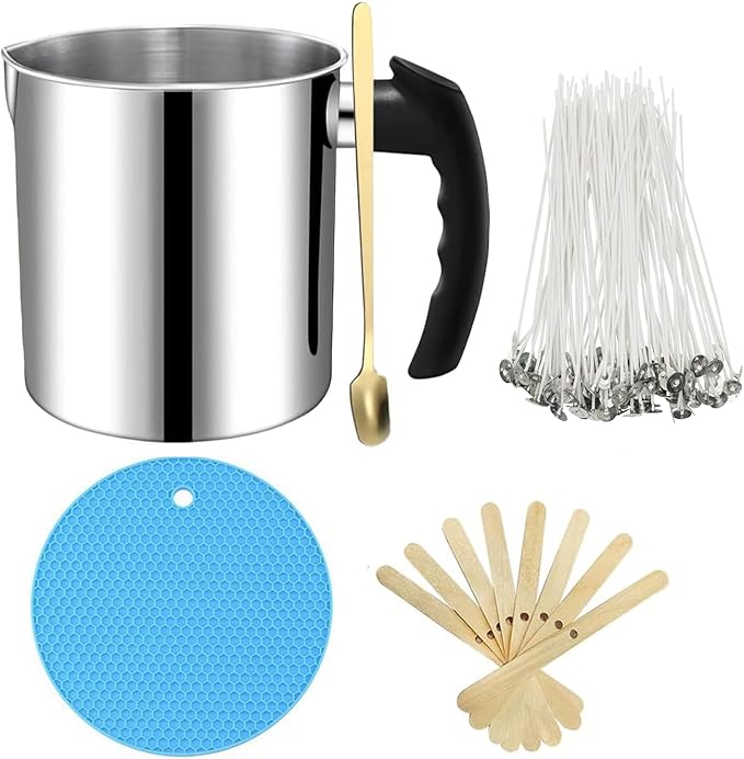 Phinicco Candle Making Pouring Pot 44oz 1.3L Double Boiler Wax Melting Pot and Spoon 304 Stainless Steel Candle Making Pitcher Heat-Resistant Handle Dripless Pouring Spout Anti Scalding Pad