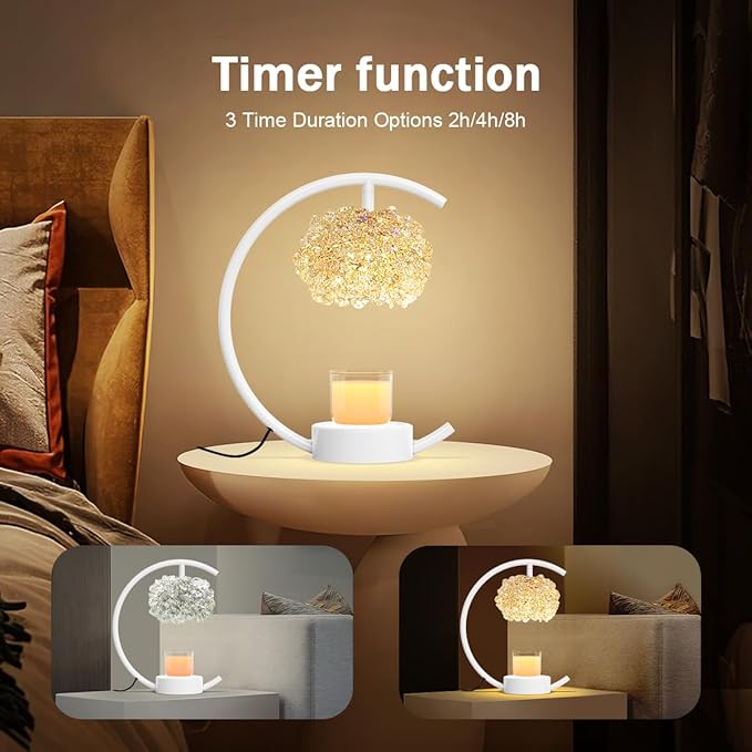 Yeuslor White Candle Warmer Lamp for Jar Candles with Adjustable Brightness＆Timer，Handcrafted Crystal＆Wooden Base,Candle Lamp Luxurious Design+2Bulbs,Home Decoration Electric Candle lamp(C-Shaped)