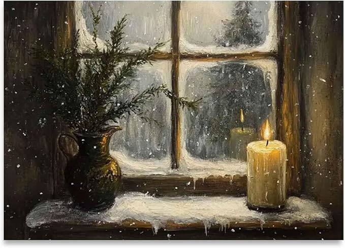 Cozy Winter Window with Candle & Evergreen Paint by Numbers for Adults, Snowy Night DIY Painting Kit, Warm Home Decor 24 Colors 16x20 inch Framed