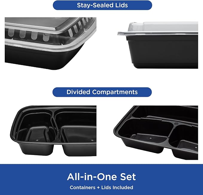 Karat Meal Prep Containers [32 oz - 150 ct] 3-Compartment, Reusable & Disposable Take Out Containers with Lids - Microwave & Dishwasher Safe Bento Boxes