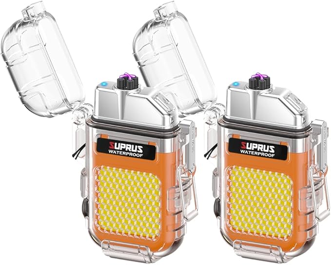 SUPRUS Waterproof 3 Modes of Flashlight Windproof Lighter Dual Arc Electric Rechargeable Dual Arc Plasma Lighter with Survival Emergency Whistle and Lanyard (Orange, 2Packs)