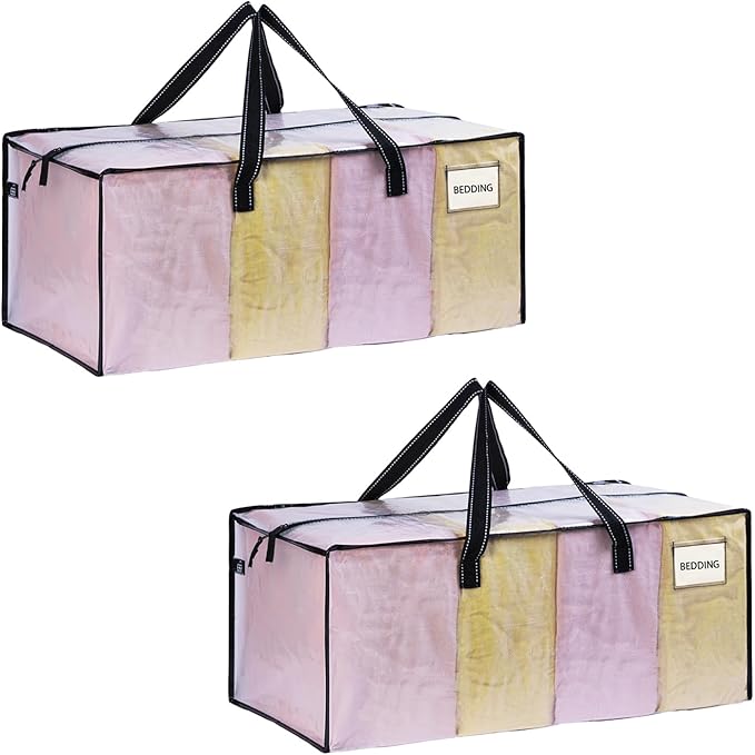VENO 2 Pack Heavy Duty Moving Bags, Christmas Storage Bins with Lids, Clear Design, Alternative to Moving Boxes, Storage Bags for Clothes, Blankets, Comforters, Pillows, Camping (Clear, 2 Pack)