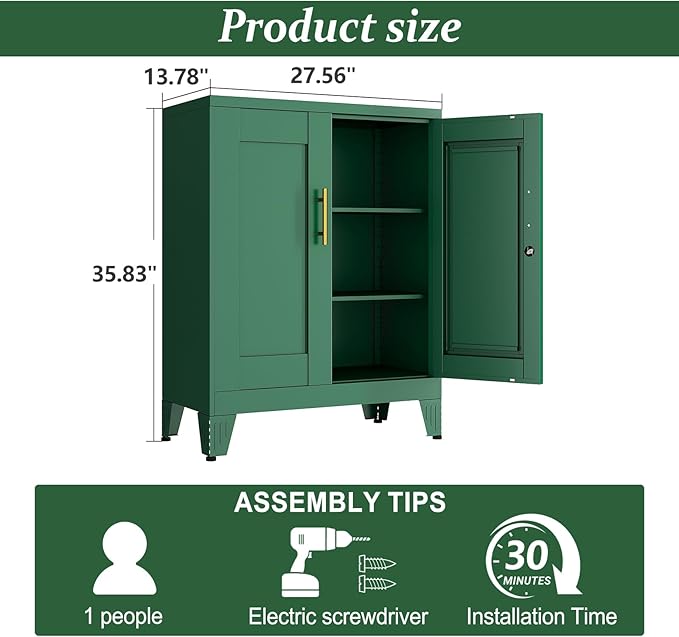 Green Metal Storage Cabinet, 36" Tall Locking Storage Cabinet with 2 Adjustable Shelves, Steel Locker Organizer, for Office, Home, School, 2PS