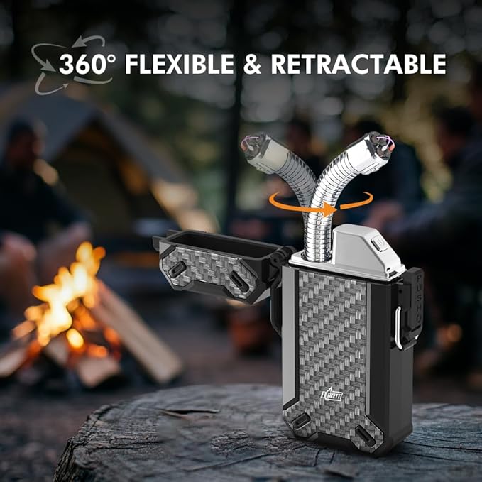 Dual Arc USB Rechargeable Electric Camp Lighter with Retractable Flexible Long Neck Waterproof Windproof Lighter for Outdoor, Grill and Candle (Carbon)