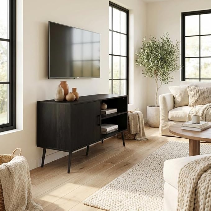 Furnifact Espresso Mid Century Style TV Stand with Wood Legs, One Cabinet and Two Shelves, Durable Wooden Construction, Elegant and Functional Design