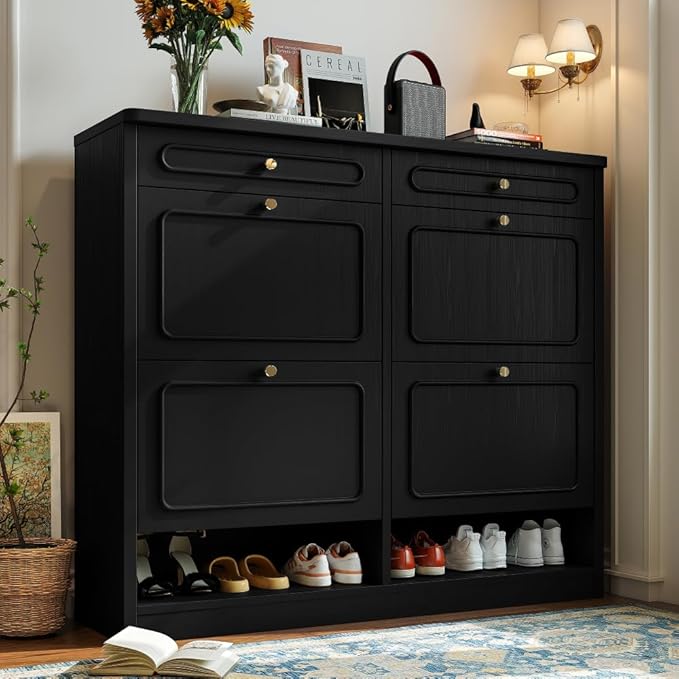 Wooden Shoe Cabinet with 4 Flip Drawers 2 Storage Drawers Farmhouse Style Shoe Organizer for Classified Storage Black (Black)