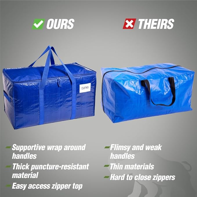 RUGGED RHINO Heavy Duty Extra Large Moving Bags, Durable Bag with Strong Handles and Zipper, Moving Boxes Alternative for College Packing, Holiday Décor, Space Saving Storage with Label, 2 Pack Clear