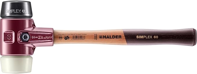Halder Simplex Soft-Faced Mallet 3028.060 – Medium-Hard Rubber Insert, Hard Nylon Insert, Cast Iron Housing with Handle Protection Sleeve, Varnished Wooden Handle, 60mm, 3.4 lbs.