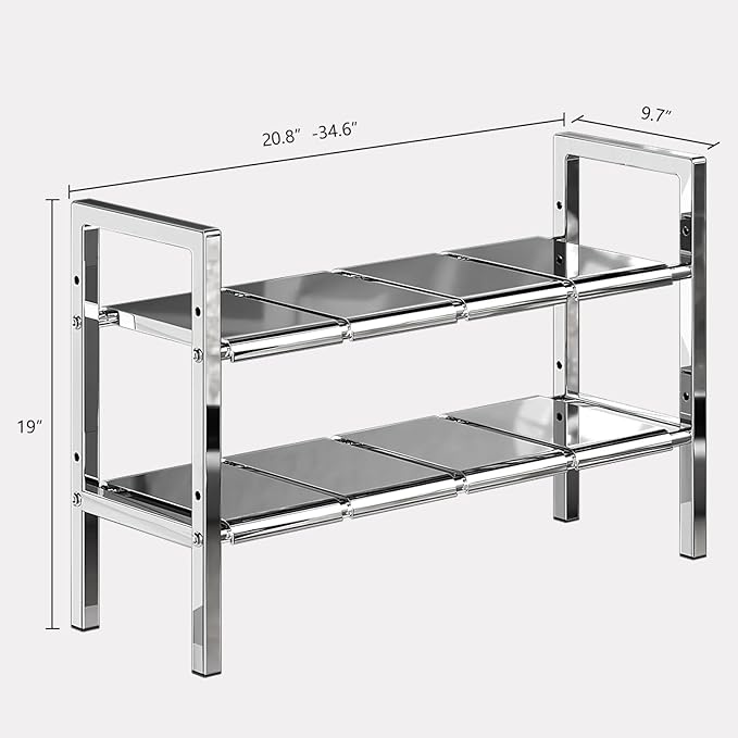 Large Under Sink Organizer 2 Tier Expandable Heavy Stainless Steel Shelf Adjustable Height for Under Kitchen Bathroom Sink Organizers and Storage (Large Size: 8 Panels)