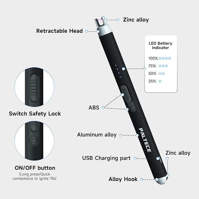 Electric Candle Lighter, USB-C Rechageable Arc Lighters for Camping, Long Lighter with Safety Switch & LED Battery Display, Windproof & Flameless lighters for BBQ, Grill (Black)