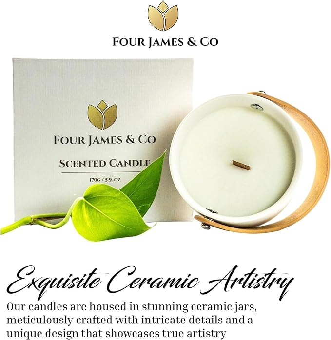 FOUR JAMES & CO Luxury Highly Scented Premium Eco-Friendly Soy Wax 6oz Candles in Modern Giftable Box (Sea Salt & Sage)