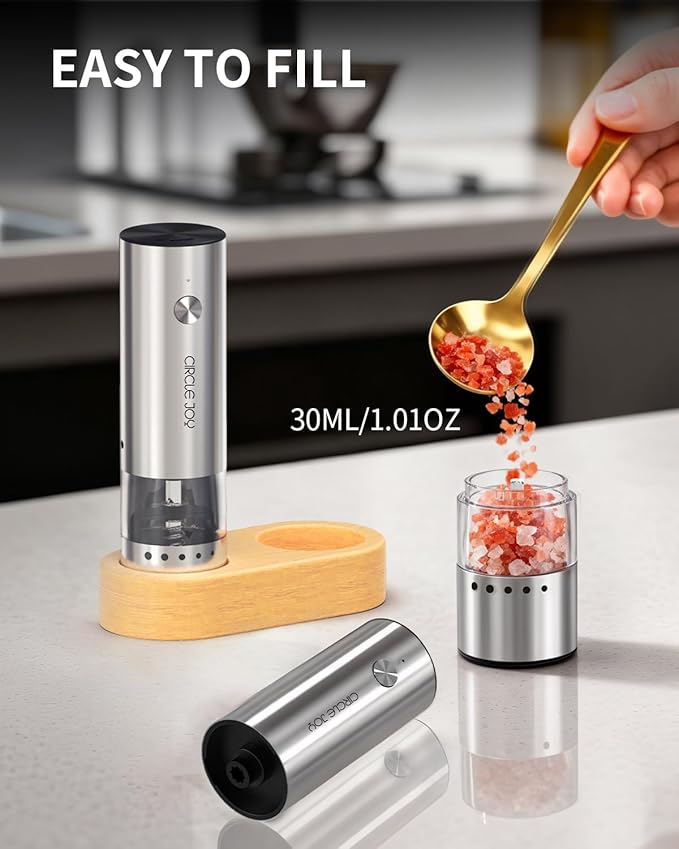 CIRCLE JOY Mini Rechargeable Salt and Pepper Grinder Set with Wooden Base, Dust Cover and External Adjustment, Stainless Steel Electric Pepper Mill Grinders for Kitchen, Outdoors and Travel, Silver