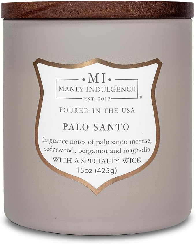 Manly Indulgence Palo Santo Scented Candles for Men, 15 oz Wooden Wick, Premium Soy Blend Wax, 60H Burn, Candles for Home Scented - Made in The USA