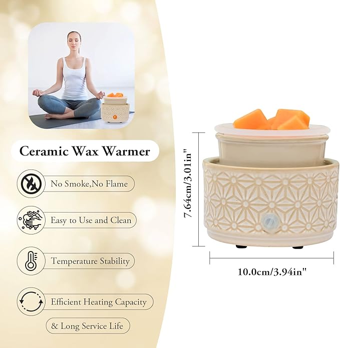 ASAWASA Candle Wax Melt Warmer with 1 pc Silicone Liner,Ceramic Wax Warmer,3-in-1 Candle Wax Melter and Fragrance Warmer for Warming(White Hexagon Pattern)