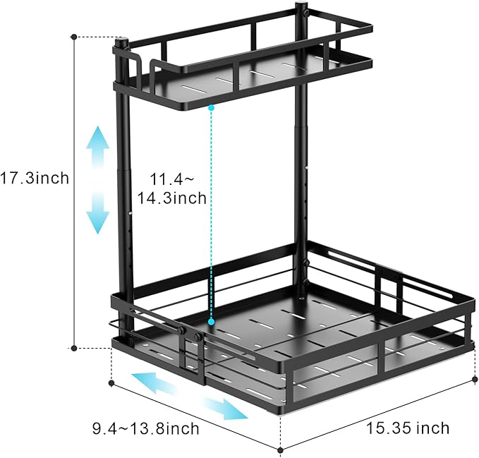iSPECLE Under Kitchen Sink Organizer, 2 Pack L-Shaped Height Adjustable Pull-Out Cabinet Organizer for Center-Mounted Garbage Disposal & Plumbing, Heavy-Duty Sliding for 30-36 Inch Wide Sink Cabinets