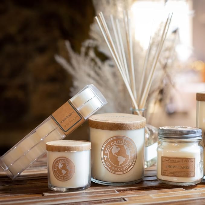 ECO CANDLE CO. Tea Light Candles, Snowflakes, 10-Pack - Scents of Winter, Flowers, & Mint - Recyclable, 100% Soy Wax, No Lead, Hand Poured, Made from Midwest Grown Soybeans, .6 oz. Each