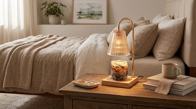 Mikasa Electric Candle Warmer with Amber Glass Shade - 13.8 Inch Lamp Warmer with Wooden Base, 50 Watt Halogen Bulb Included, Dimmer Switch, Safe Flameless Fragrance for Home Décor