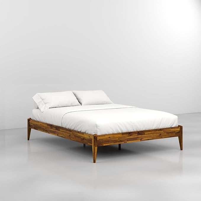 Bme Dinkee Wooden Queen Bed Frame, 15 Inch Height, Elegant Minimalist Modern Design with Japanese Joinery, Durable Wood Slats for Reliable Support, No Box Spring Required, Caramel