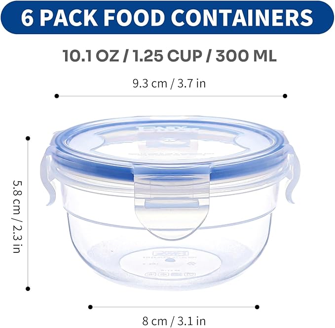 KIGI Round Food Storage Containers with Lids, Leak Proof Small Plastic Bowls for Soup, Snacks, Puree, Meal Prep and Lunch, 4-Sided Locking Lid, BPA-Free,10 oz / 1.25 Cup,12 Piece Set