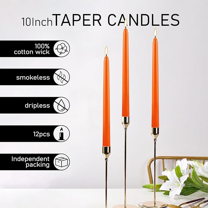 12-Pack 10-Inch Orange Taper Candles - Cotton Core, Clean Burning unscented, Drip-Free & Smokeless, Elegant Conical Design for Halloween, Weddings & Family Celebrations