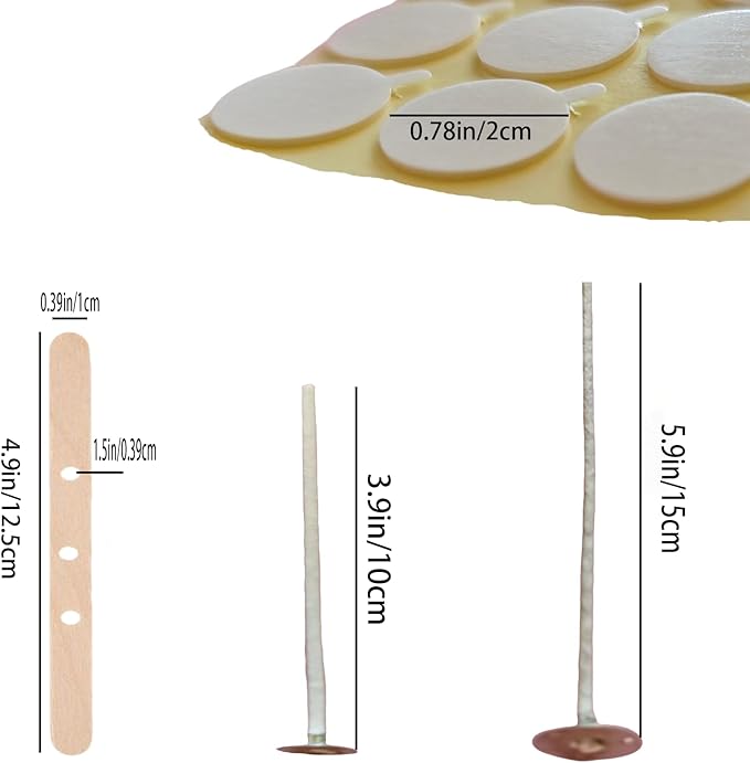 200Pcs 4 Inch Candle Wick 100Pcs 6 Inch Cotton Candle Wicks, 300Pc Wick Stickers 20 Pcs Candle Wick Holders, Wick Clips,Wicks for Candlemaking,Candle Making Supplies