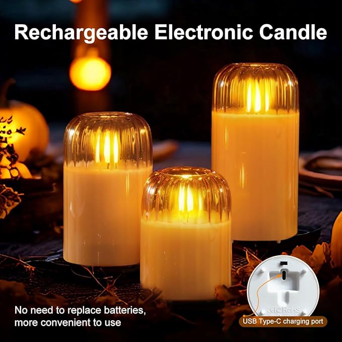 Rechargeable Jar Flameless Candle, Flashing LED Pillar Christmas Candle with Remote Control and Timer, Gold Pumpkin Glass Electronic Candles for Room Decoration, 1 Set of 3