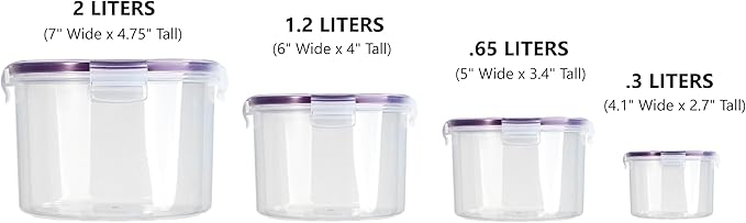 Set of 4 Round Nesting Food Storage Containers - Reusable, BPA Free Plastic, Snap Lock Lids With a Leakproof Silicone Seal. Great for Snacks, Soup, Fruit, Salad and Food Storage
