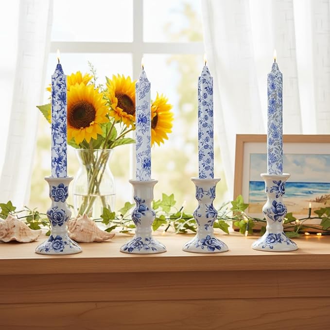 Flowers Printed Candle Taper Candles 9 inch - 4 Pack Blue and White Porcelain Candle Dripless, Smokeless, Unscented Tall Candlesticks - Perfect for Home Decor, Weddings, and Special Occasions