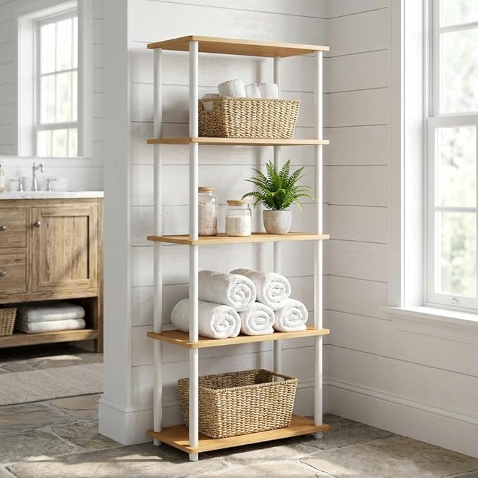 Furnifact Beech White Bookcase with Sturdy Wood Construction, Elegant Design, Ideal for Home or Office Storage, Modern Style