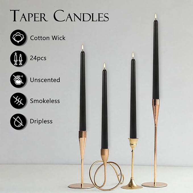 24Pack 10inch Black Taper Candle-Unscented and Smokeless-8hours Long Burning time,Dripless,Ideal for Halloween Taper Candles, Weddings, Dinner,Parties