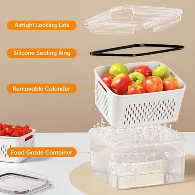 QUROXO 4 in 1 Food Storage Container-3 Piece Set, Household Transparent Plastic Food Storage Box with Lids, Food Fruit Storage Containers for Fridge with Drain Basket (Blue)