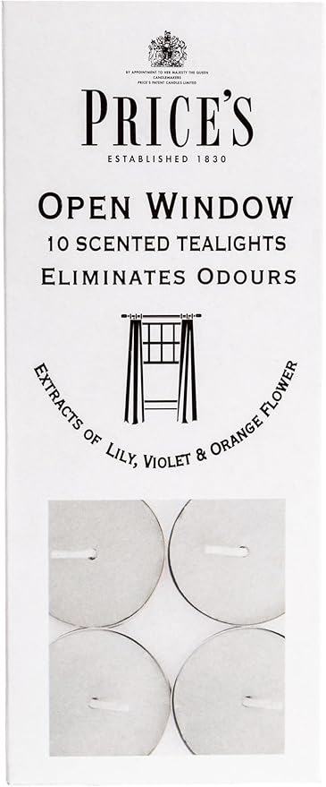 Price's - Open Window Tealights - Pack of 10 - Odour Eliminating Tealights - Made with Lily, Violet and Orange Flower Extracts - Clean, Fresh, Quality Fragrance - Long Lasting Scent