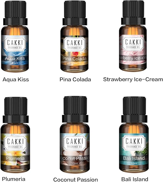 Summer Essential Oils for Diffusers for Home, CAKKI Fragrance Oils Set, Long Lasting, 6X10ml with Coconut, Pina Colada, Aqua Kiss, Bali Island, Strawberry, Aromatherapy Oils, for Candles Making
