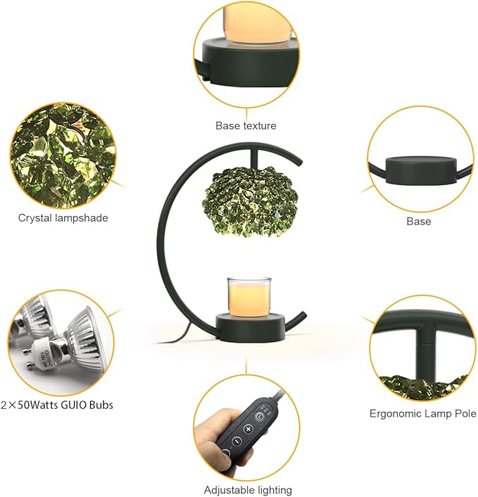 Yeuslor Candle Warmer Lamp for Jar Candles with Adjustable Brightness＆Timer，Handcrafted Green Crystal Candle Lamp Luxurious Design+2Bulbs,Home Decoration Electric Candle lamp(Balck C-Shaped)