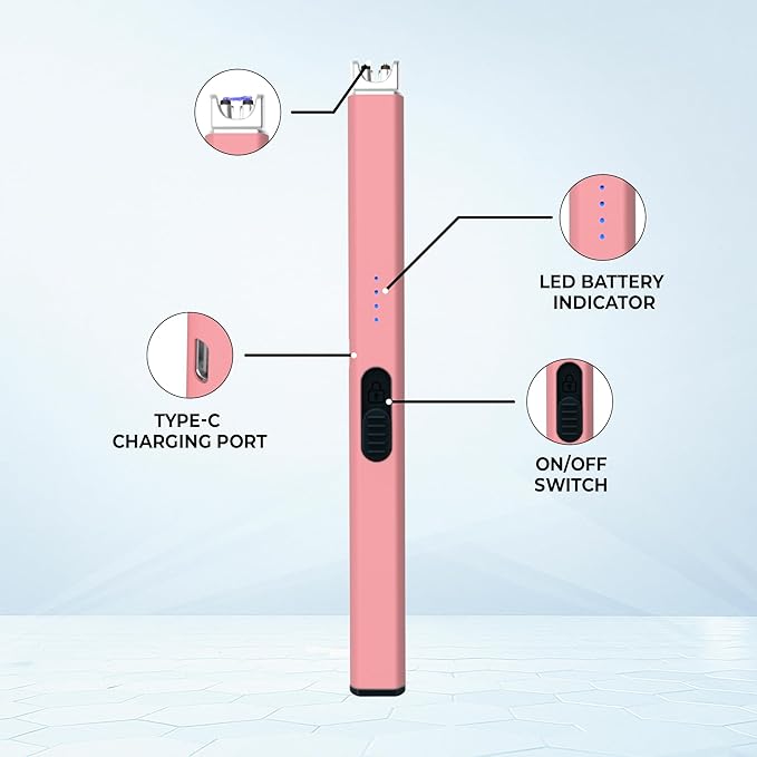FIGHTSENSE USB Rechargeable Candle Lighter,Plasma Arc Windproof Flameless Long Electric Lighter with Safety Switch,LED Battery Display,Used for BBQ Fireplace,Camping,Stove Kitchen (Pink)