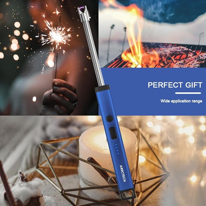 ARECTECH Candle Electric Lighter Rechargeable USB Arc Lighters for Candle Camping Fireworks Christmas Birthday Gifts with LED Light for Men Women Blue