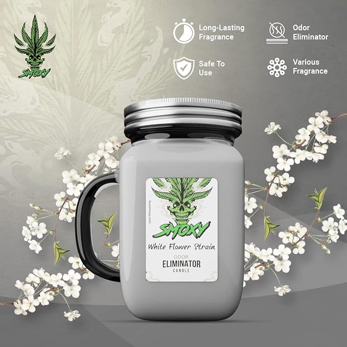 Smoxy Smoke Odor Eliminator Candle - Scented Candle for Home - Indoor Space Deodorizer & Air Freshener with Fragrance Pet Smell - Natural Palm Wax - Glass Mason Jar, 13oz. (White Flower)