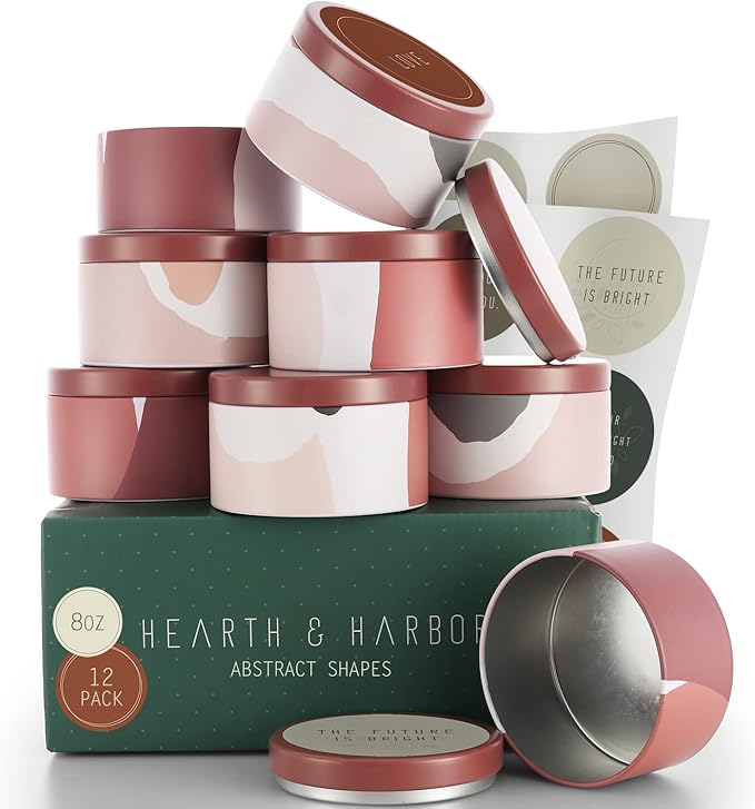 Hearth & Harbor Tin Candle Jars for Making Candles - DIY Candle Containers with Lids - Metal Candle Jars - Bulk Tins Storage for Candle - (12 Pieces) - (8 Ounces) - Abstract Shapes