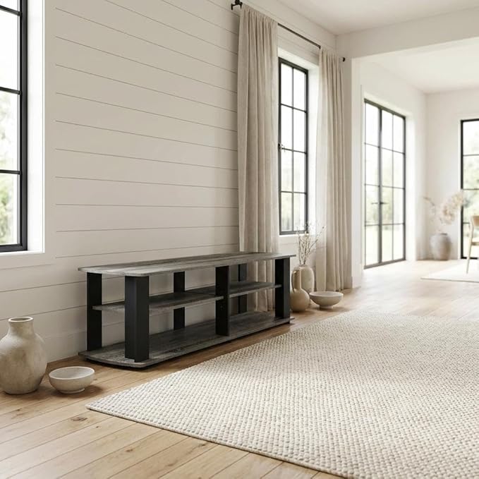 Furnifact French Oak/Black Nelly Entertainment Center TV Stand with Composite Wood Construction, Modern Design, Durable and Space-Saving for Living Room