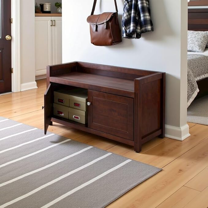Furnifact Antique Walnut Storage Bench – Entryway Shoe Cabinet with Seat – Wooden Shoe Organizer Bench – Stylish and Functional Entryway Storage