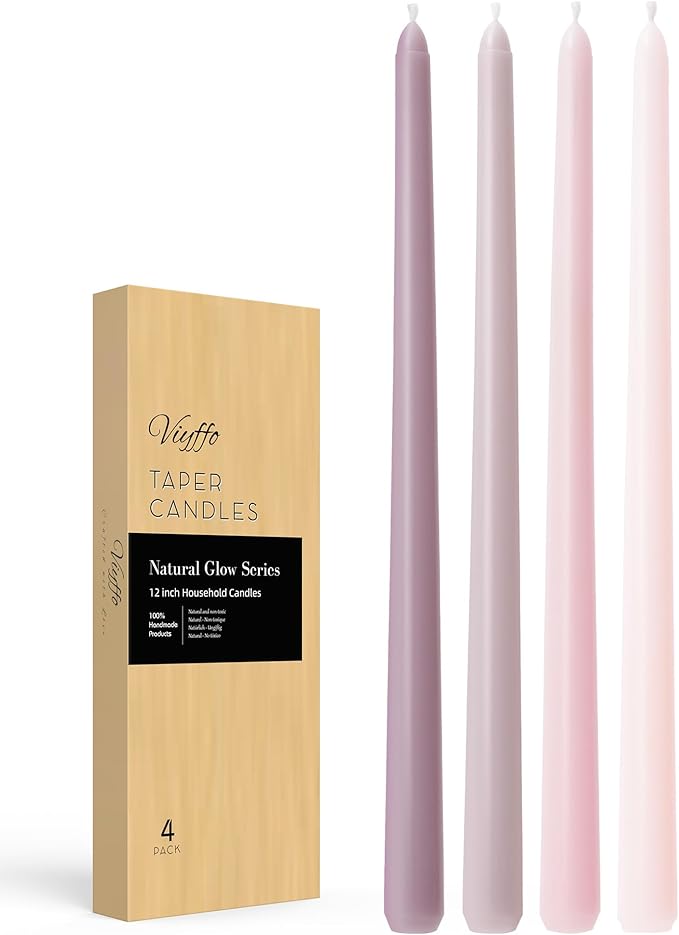 Viyffo Taper Candles 12 Inch Pink with a Purple Hue 4 Pack Unscented, Dripless, Smokeless Long Tall Tapered Candlesticks Wedding Home Decor Dinner Natural Color Series