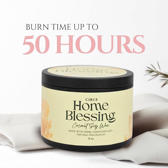 Circe Spell Candle “Home Blessing” Coconut Soy Wax Candle Jar – Premium Hand Poured & Long Burning – Herbs, Crystals & Natural Fragrance Oils- Peaceful, Cleansed & Loving Space - Self Care, Gift- 8oz