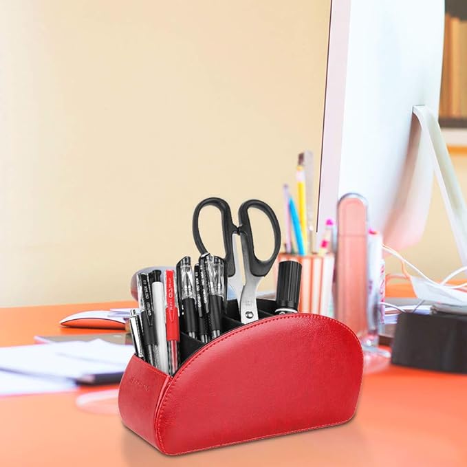 SITHON Remote Control Holder with 5 Compartments - PU Leather Remote Caddy Desktop Organizer Store TV, DVD, Blu-Ray, Media Player, Heater Controllers, Red