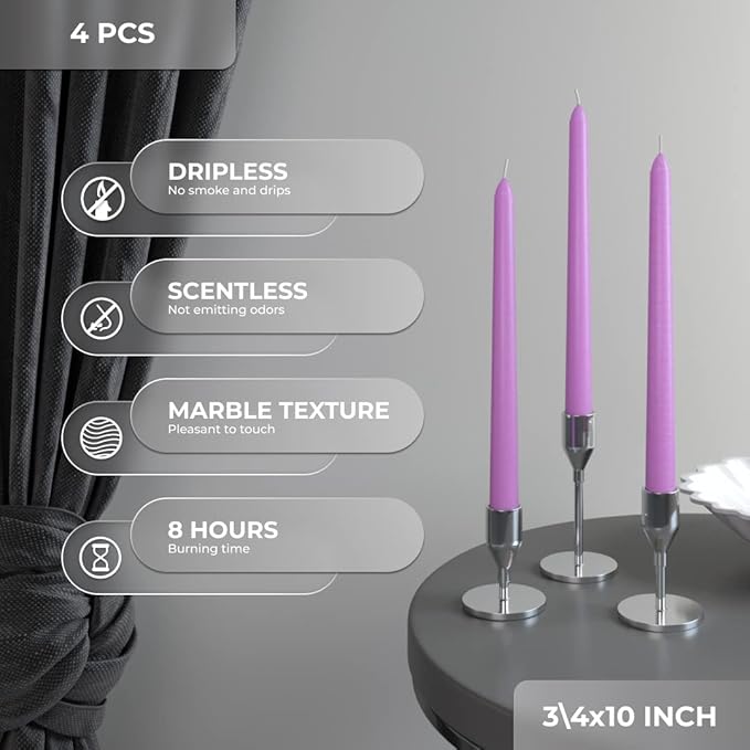 CANDWAX Lilac 10 inch Taper Candles Pack of 4 - Unscented Smokeless Dripless Candlesticks - Perfect as Easter Candles and for Special Occasions, Ordinary Dinners, Holidays - Lavender Candle Sticks