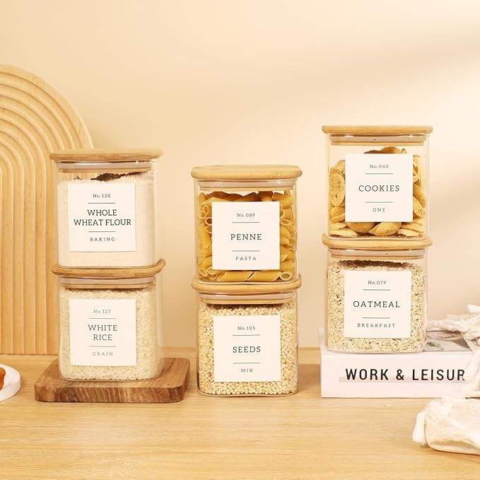 6 Pack Square Glass Pantry Storage Containers with 132 Kitchen Food Pantry Labels - 24 floz Clear Glass Pantry Jars with Airtight Wood Bamboo Lids - Glass Canisters for Sugar, Cereal, Coffee, Spice